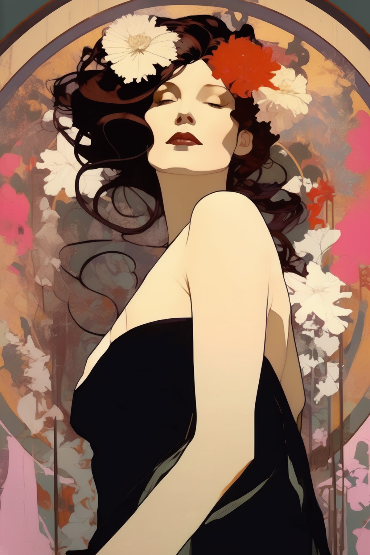 <lora:Alphonse Mucha Style:1>Alphonse Mucha Style - Ultra HD, Stunning Laetitia Casta as flowers widow in art nouveau styl...